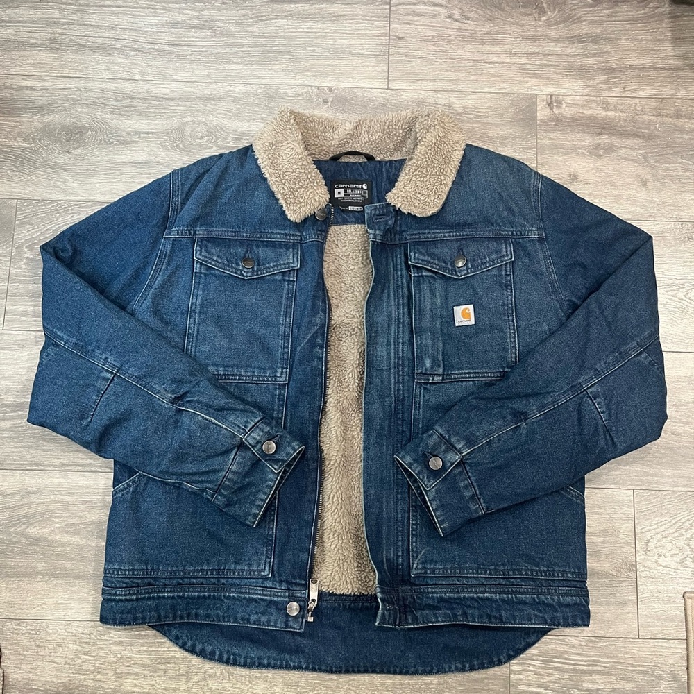 Carhartt Men's Dark Blue Denim Jacket with Beige Sherpa Lining OJ5478-M